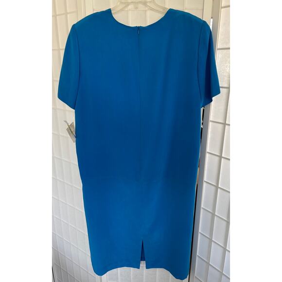 Shomi by Miller Shor 100% Silk Blue Sheath Dress Lined Short Sleeve Size 14 NWT - Picture 2 of 9